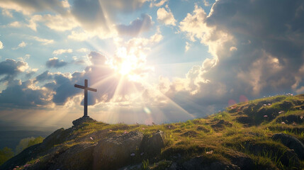 A cross on a hilltop with rays of sunlight breaking through the clouds above, a powerful symbol of enlightenment and rebirth - obrazy, fototapety, plakaty