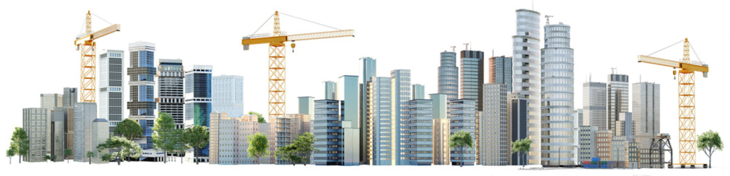 3D render of conceptual city skyline with construction cranes. Panoramic banner with transparent background.