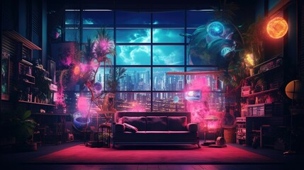 A cozy living room with a large window looking out onto a city at night. The room is decorated with plants, and neon lights.