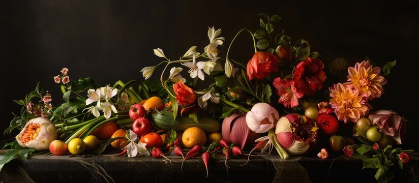 The painting depicts a colorful arrangement of fresh flowers and ripe fruits on a wooden table. The vibrant petals of the flowers contrast with the rich tones of the fruits, creating a visually