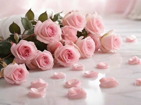 pink roses on a white marble floor