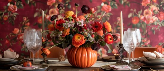 Obraz na płótnie Canvas A wooden table is decorated with a vibrant autumn floral arrangement placed inside a hollowed-out pumpkin serving as a vase. The flowers bring a pop of color to the festive dining setup.