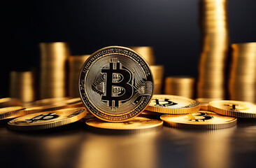 A bitcoin coin atop a stack of gold coins, closeup shot