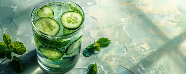 Refreshing cucumber and mint-infused water in a clear glass. Overhead shot on a light pastel...
