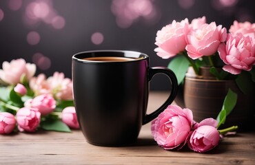 Fototapeta na wymiar Black coffee mug with pink spring flowers