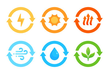 Set of renewable energy resources icons in flat vector illustration style. They symbolize the concepts of sustainability and renewable energy, like solar, wind, geothermal, biomass and hydropower - obrazy, fototapety, plakaty