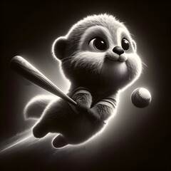 Cute fluffy otter holding a baseball bat, ball in ink art style, soft lighting.
