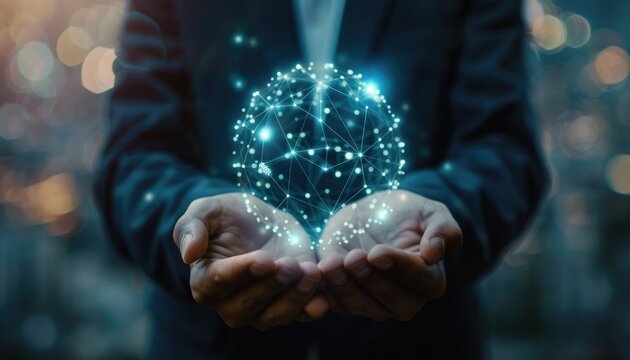 Businessman holding energy technology icon, networking and innovating solutions, sustainable connections, advancing clean energy, enhancing efficiency, renewable services, and strategic partnership