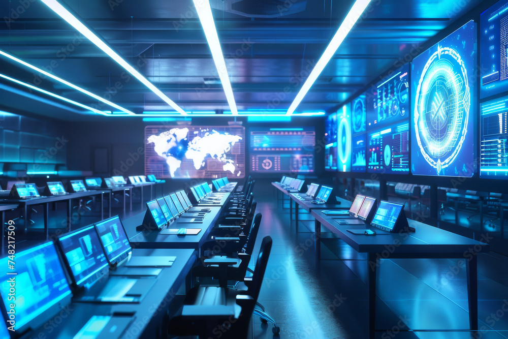 Poster A room filled with lots of computer monitors and a large screen with a map of the world on it