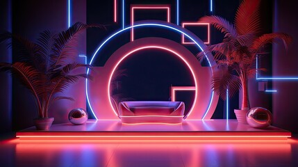 A retro futuristic sci-fi landscape with a glowing pink and blue neon circle and square shapes. There is a sofa in the center of the image.