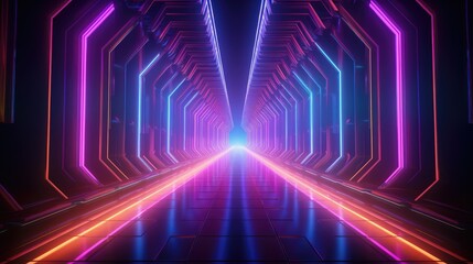 3D rendering of a futuristic tunnel with glowing neon lights.