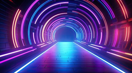 Glowing blue and purple neon lights form a futuristic tunnel. The lights are reflected on the shiny floor, creating a seamless and endless light show.