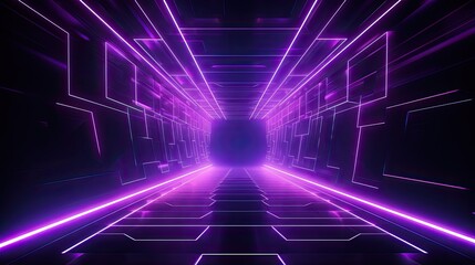 A glowing purple tunnel with a bright light at the end. The tunnel is lined with glowing purple geometric shapes.