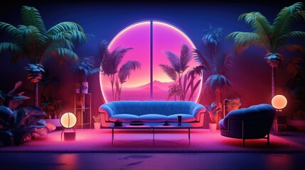 A retro futuristic living room with a large round window looking out onto a tropical landscape. - obrazy, fototapety, plakaty
