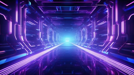 A glowing blue and purple futuristic tunnel. The tunnel is made of metal and has a shiny reflective surface.