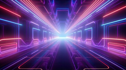 This is an abstract image of a long, futuristic tunnel with bright glowing neon lights on the walls and floor.