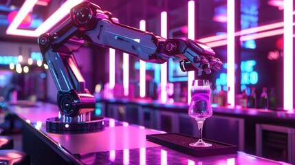 Autonomous robot barista crafts cocktails in a neon-infused, lively futuristic bar atmosphere. Robotic arms