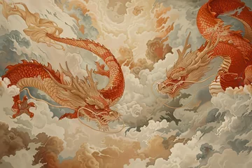 Deurstickers chinese dragons on the sky, in the style of graphic novel inspired illustrations © Kitta