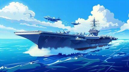 aircraft carrier with jet fighters illustration  - obrazy, fototapety, plakaty
