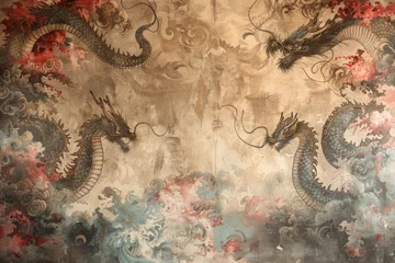 Wandcirkels tuinposter chinese dragons on the sky, in the style of graphic novel inspired illustrations © Kitta