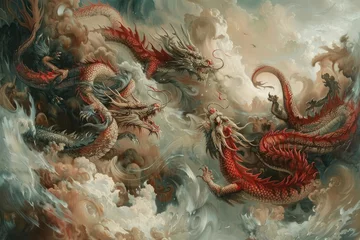 Gordijnen chinese dragons on the sky, in the style of graphic novel inspired illustrations © Kitta