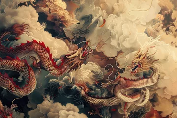 Fotobehang chinese dragons on the sky, in the style of graphic novel inspired illustrations © Kitta