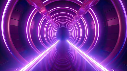 A glowing purple tunnel with a shiny reflective floor. The tunnel is made of a smooth metal and has a futuristic look. - obrazy, fototapety, plakaty