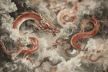 Gordijnen chinese dragons on the sky, in the style of graphic novel inspired illustrations © Kitta
