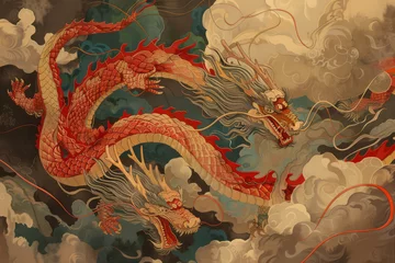  chinese dragons on the sky, in the style of graphic novel inspired illustrations © Kitta