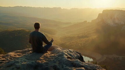 man meditating on mountain top with a panoramic view of hills and mountains
