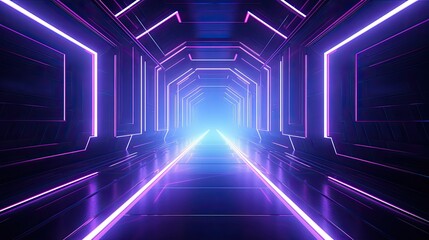 Fototapeta premium Glowing purple neon lights in a dark futuristic tunnel.