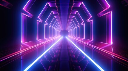 3D rendering of a futuristic tunnel with glowing neon lights. The tunnel is dark and mysterious, with a bright light at the end.