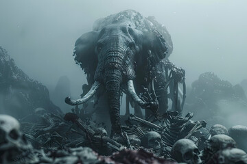 
Look up, A ferocious and strong elephant stands on a pile of skeletons - obrazy, fototapety, plakaty