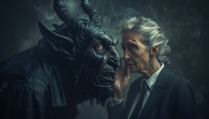 A pact with the devil or Satan, the old sinful woman listens to the advice of the devil from hell. The evil intent of a person. - obrazy, fototapety, plakaty