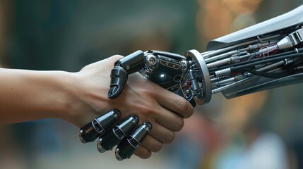 Human and robotic handshake close-up, a symbol of future human-tech partnership. Robotic arms