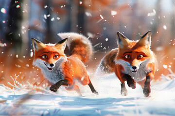 Fototapeta premium wo super cute red foxes running in the snow