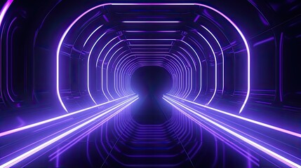 3D rendering of a futuristic tunnel with glowing purple neon lights. Abstract background with a sense of speed and motion.