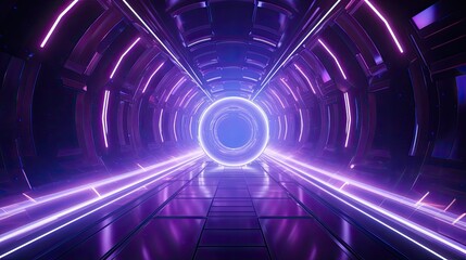 3D rendering of a futuristic tunnel with a glowing portal at the end.