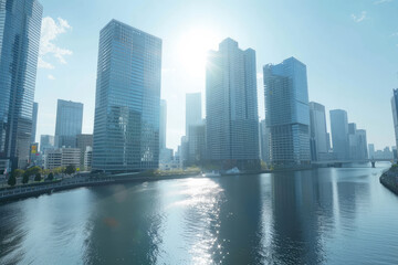 Fototapeta premium A photo of the office city at daytime on the opposite shore of the middle view