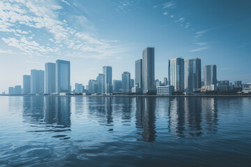 
A photo of the office city at daytime on the opposite shore of the middle view