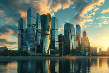 
A photo of the office city at daytime on the opposite shore of the middle view - obrazy, fototapety, plakaty