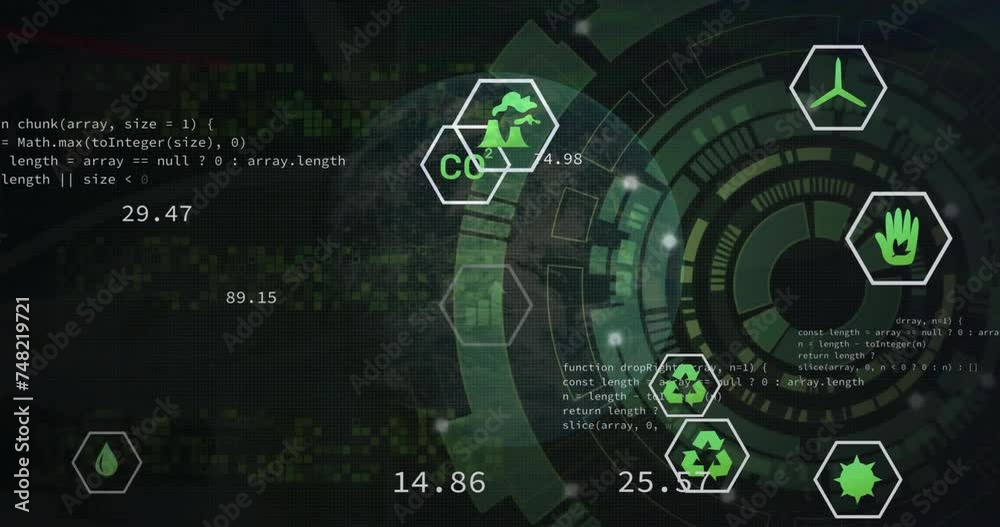 Poster animation of eco icons, computing data processing over scope scanning