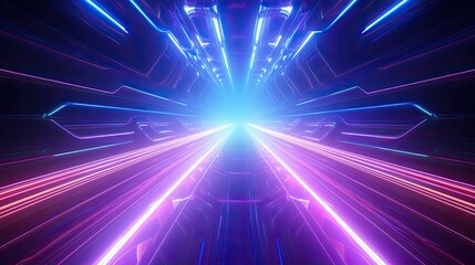 This image is a dark tunnel with glowing blue and purple lights.