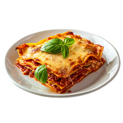 Tasty hot Lasagna served with a basil leaf on white plate 