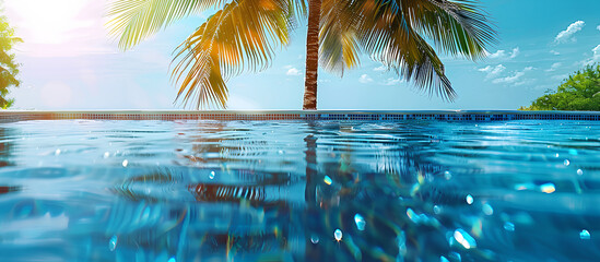 The electric blue water of the swimming pool reflects a palm tree, creating a stunning natural landscape art piece with a serene pattern and grass surroundings 