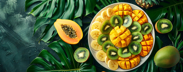 Tropical fruit platter with pineapple, mango, and kiwi. Overhead shot on a vibrant tropical...