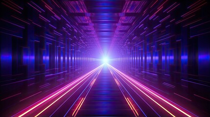 A 3D rendering of a dark tunnel with glowing pink and blue neon lights.