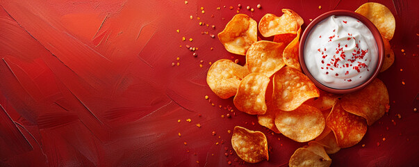 A bag of chips and a dip on a red background. Salty and savory snack for parties. Top view space to copy.