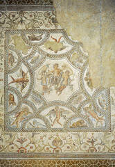 Mosaicos romanos del Museo Histórico Municipal de Écija, provincia de Sevilla, Andalucía, España. Mosaico de las Cuatro Estaciones y Apoteosis del dios Annus. 