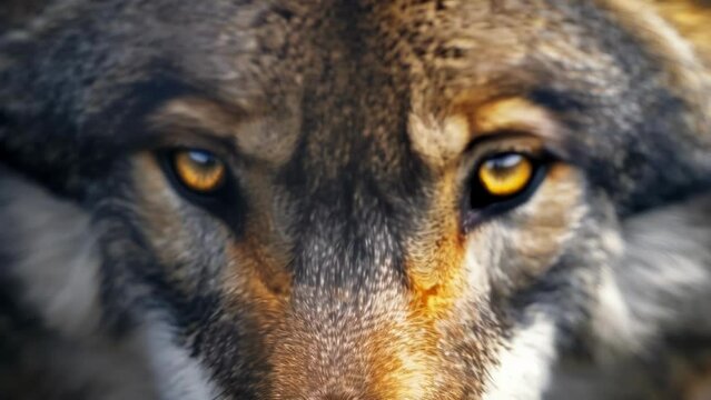 Closeup of a coastal wolfs piercing amber eyes scanning the ocean horizon for any potential threats or prey.